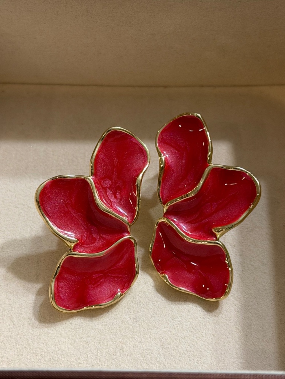 Golden Red 3-Petal Flower Enamel Statement Earrings
